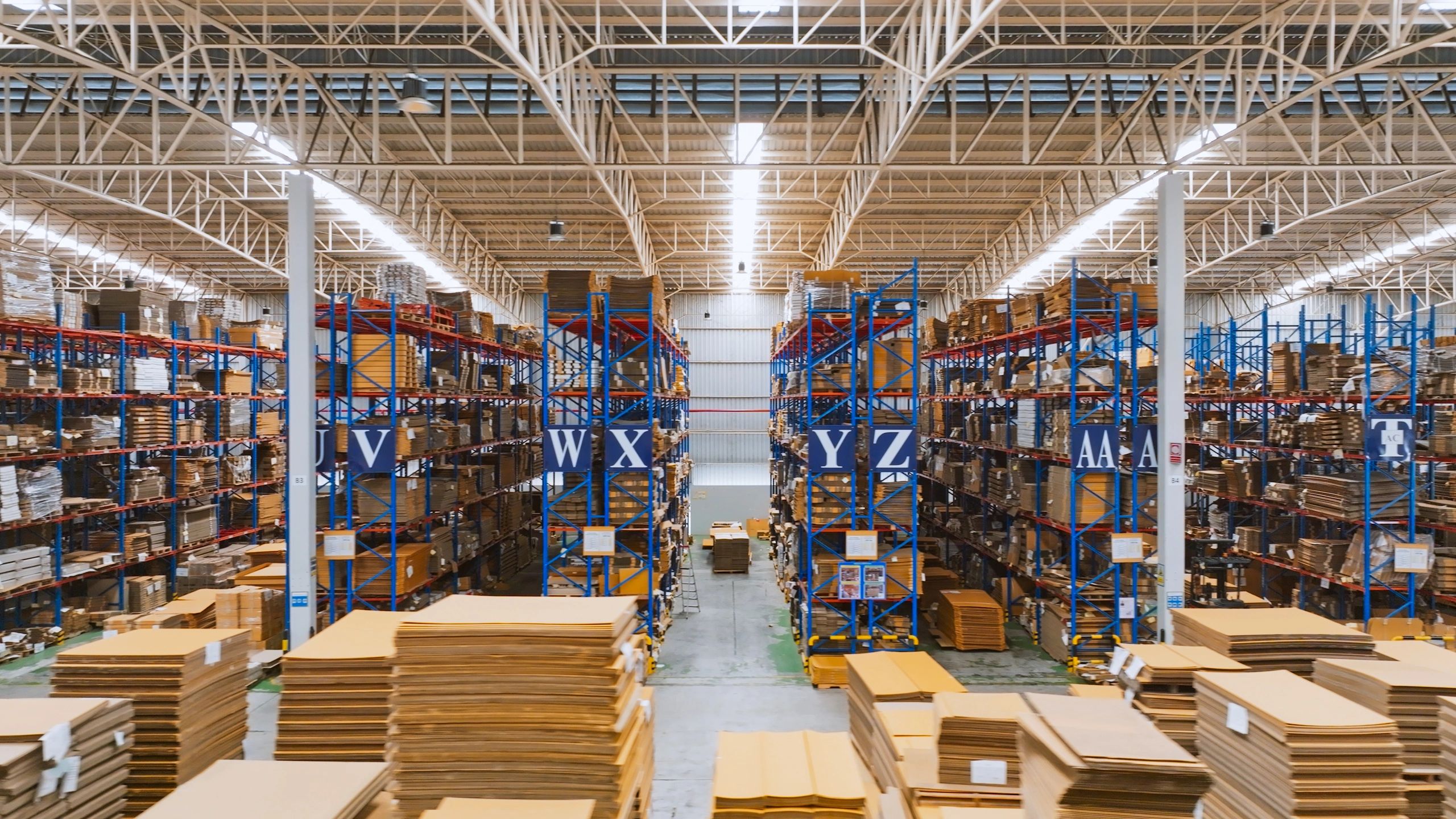 Warehouse shelving with boxed inventory ready for distribution