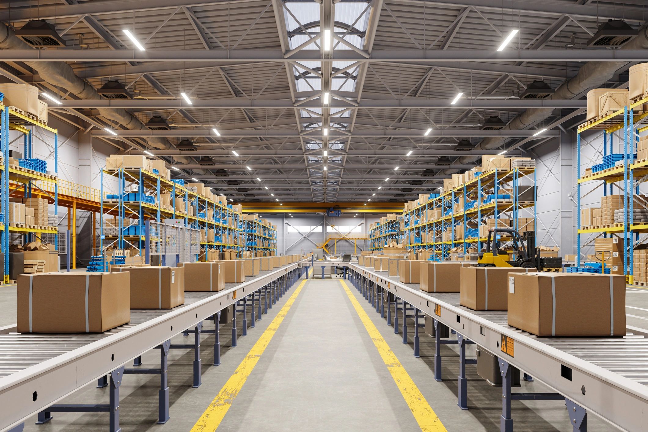 Cardboard boxes moving on a conveyor belt in a distribution warehouse
