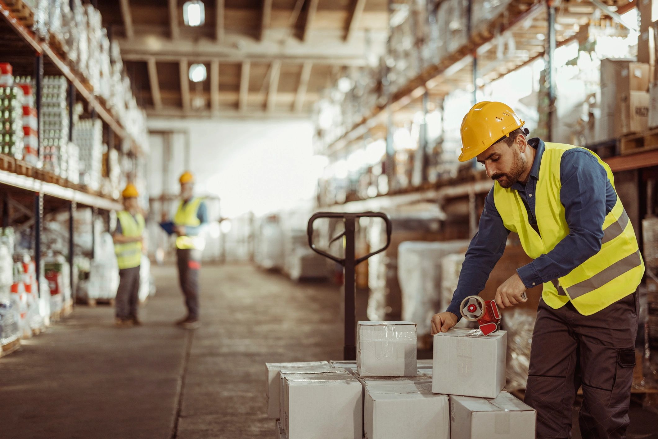 Warehouse worker preparing shipments and sealing boxes
