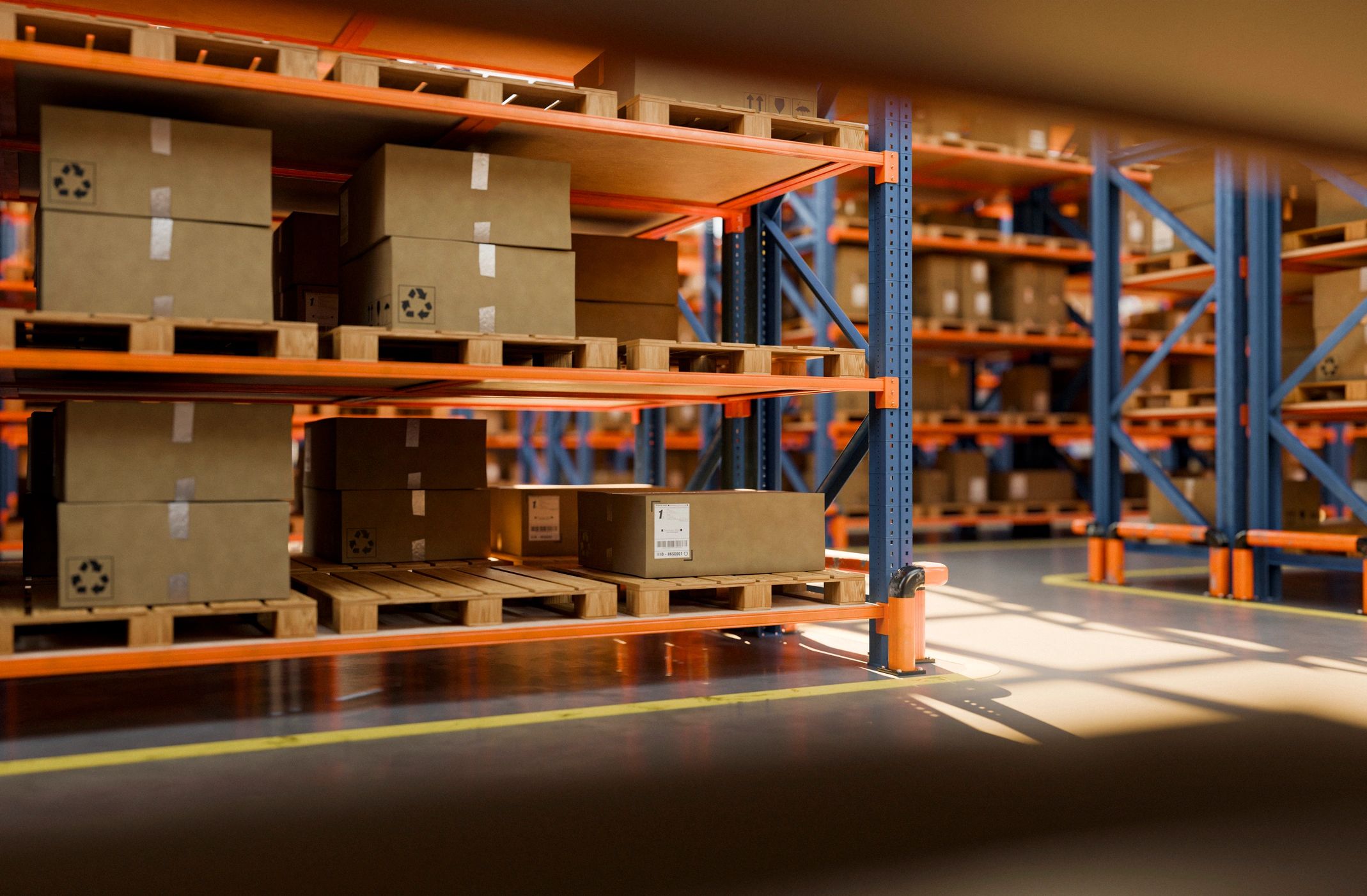 Warehouse package distribution center with stacked cardboard boxes on pallets and industrial shelving