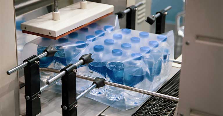 Shrink-wrapping machine sealing a bundled case of water bottles